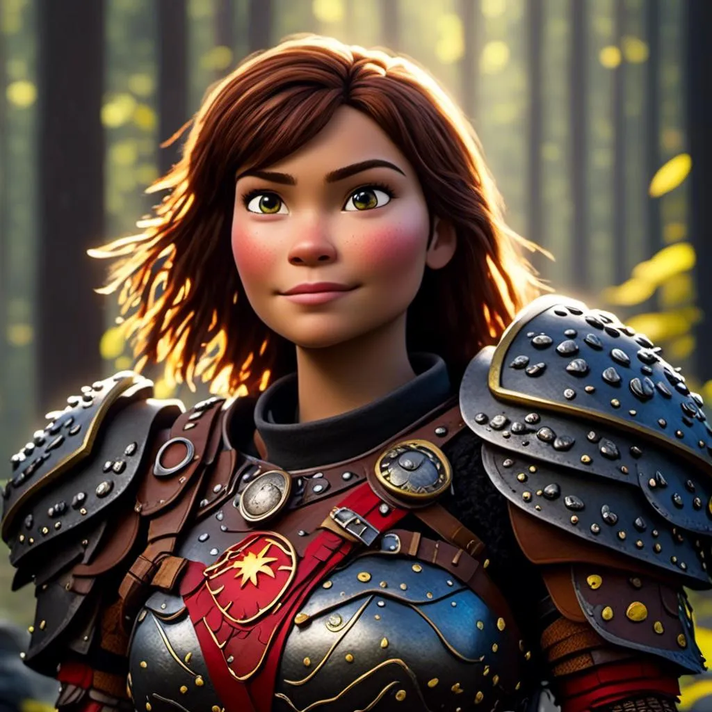 Prompt: <mymodel>CGI Animation of a viking female, brown hair in her face, hazel eyes, bright red gear and light armor, yellow highlights and textures, full light body armor, she has heavy gauntlets on her hands with armored gloves, standing in a dense forest, intricate details, high quality, digital painting, cool tones, dramatic lighting