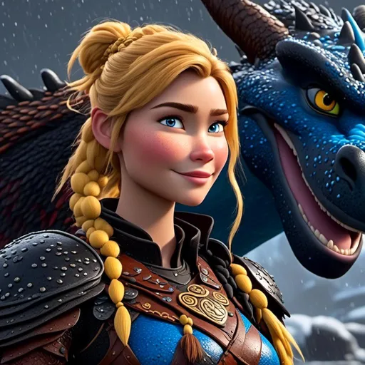 Prompt: <mymodel>CGi Animation, 20-year-old viking woman with blue eyes, a rainy scene, she is standing next to a bright blue dragon with gold highlights, they are both in the rain, the viking woman has a subtle smile, blonde hair in a ponytail style, she has blue gear, gold armor, black pants, black boots, unreal engine 8k octane, 3d lighting, full body, full armor