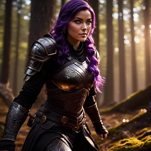 Prompt: <mymodel>25-year-old viking woman, subtle smile, light blue eyes, black gear, bright black armor, wearing an iron-man like suit of armor, black textures and highlights, fighting in the forest in an intense sword battle with Einar Verodfellar, short focus, blurry background, unreal engine 8k octane, 3d lighting, full body, full armor