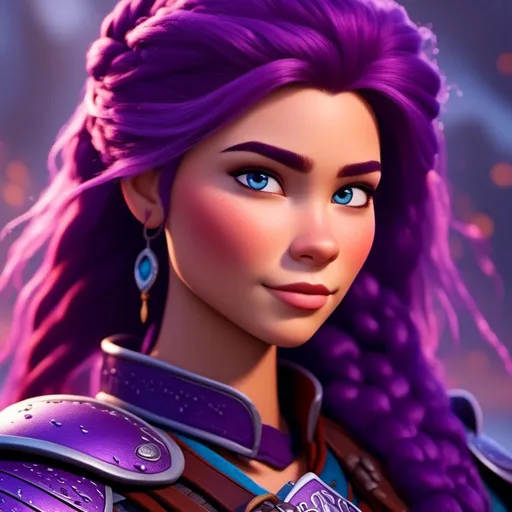 Prompt: <mymodel>a female viking warrior with purple hair, light blue eyes, single braid down shoulder, adorned in regal purple armor, fierce and determined expression, cool tones, dramatic lighting, intricate detailing