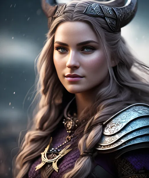 Prompt: create most beautiful fictional female viking princess, (((dark purple hair))), extremely detailed environment, detailed background, intricate, detailed skin, professionally color graded, photorealism, 8k, moody lighting