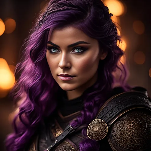 Prompt: <mymodel>25-year-old viking woman, messy and dirty hair, single braid of hair down her shoulder, she has an angry and intense expression, light blue eyes, dirty armor, black gear, bright black armor, black textures and highlights, standing in a dimly lit viking building, with glowing algae, short focus, blurry background, unreal engine 8k octane, 3d lighting, full body, full armor