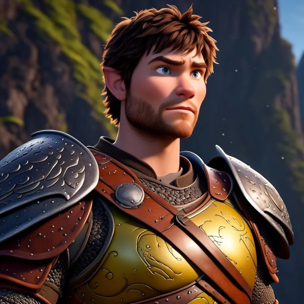 Prompt: <mymodel>Animated CGI style of a fierce 24-year-old Caucasian Viking with dark hair, light body build, intense gaze, realistic (yellow light armor) with highlights of orange textures, high quality, CGI, realistic, intense gaze, viking, male, Caucasian, detailed facial features, highres, professional, intense lighting