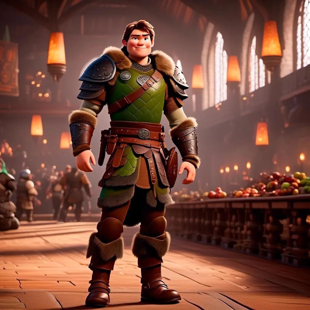 Prompt: <mymodel> viking man, lawyer, thin, small stature, standing in The Great Hall, medium length brown hair, evil look, evil smile, brown eyes, no armor, European-like brown gear, brown leather vest, long sleeve green shirt underneath the brown leather vest, black highlights on his clothes, brown pants, brown boots, historical, strong and natural lighting