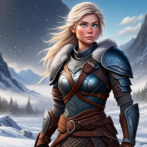 Prompt: <mymodel>digital art style of a fierce viking female warrior, detailed braided hair and battle scars, rugged and weathered armor, intense and determined gaze, snowy and rugged landscape, , fierce, warrior, detailed hair, battle scars, snowy landscape, intense gaze, weathered armor, dramatic lighting