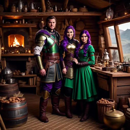 Prompt: Photo of <mymodel> standing in her hut with her husband Jarl Everson who is 24-years old who has brown (((short)) wavy hair and green gear