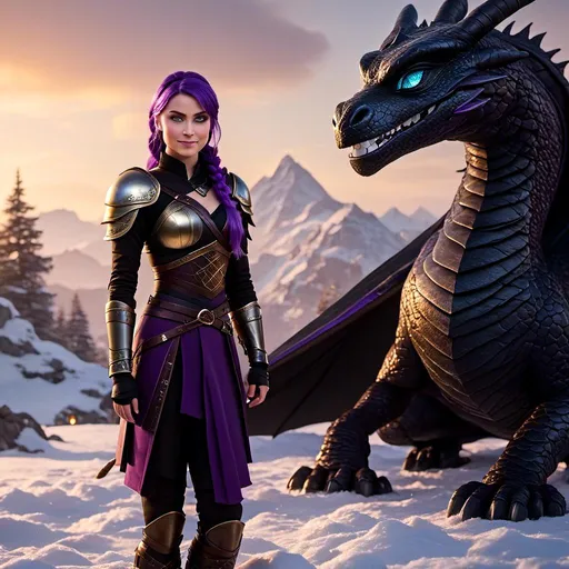 Prompt: Photo of <mymodel> standing next to her ((black)) razorwhip dragon from How to Train Your Dragon in the snow, she has light blue eyes