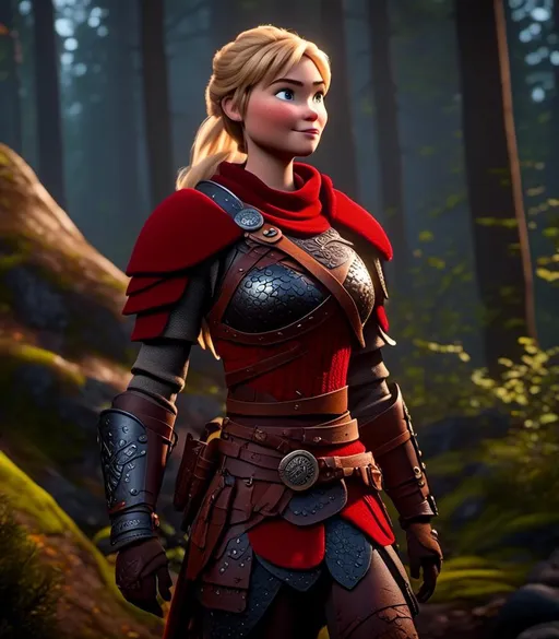 Prompt: <mymodel>CGI Animation, digital art, 20-year-old-old viking woman with light blue eyes standing in a dimly lit forest, blue assassin's creed clothes, red colored armor, blonde straight hair, subtle smile, unreal engine 8k octane, 3d lighting, cinematic lighting, camera shot of full armor from head to toe