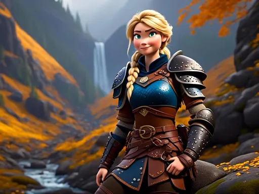 Prompt: <mymodel>CGi Animation, 20-year-old viking woman with blue eyes, she is wearing a helmet, a rainy scene, she is sitting on a boulder in a forest, the viking woman has a subtle smile with it pouring down rain, blonde hair in a ponytail style, she has blue gear, gold armor, black pants, black boots