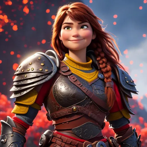 Prompt: <mymodel>CGI Animation of a viking female, brown hair, hazel eyes, bright red gear and armor, yellow highlights and textures, intricate details, high quality, digital painting, cool tones, dramatic lighting