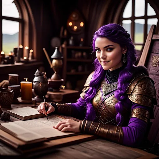 Prompt: Photo of <mymodel> with no armor casually relaxing sitting at a desk in her viking house