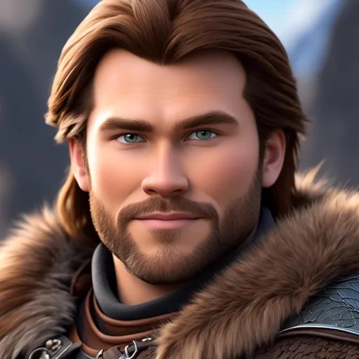 Prompt: <mymodel>Animated CGI style of a light build Caucasian Viking with brown hair, intense gaze, realistic fur and clothing textures, high quality, CGI, realistic, intense gaze, viking, male, Caucasian, detailed facial features, fur textures, highres, professional, intense lighting