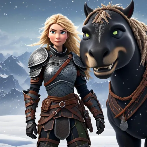 Prompt: <mymodel>animated CGI style, blonde hair, viking female warrior, detailed braided hair and battle scars, rugged and weathered armor, intense and determined gaze, snowy and rugged landscape, fierce, warrior, detailed hair, battle scars, snowy landscape, intense gaze, weathered armor, dramatic lighting