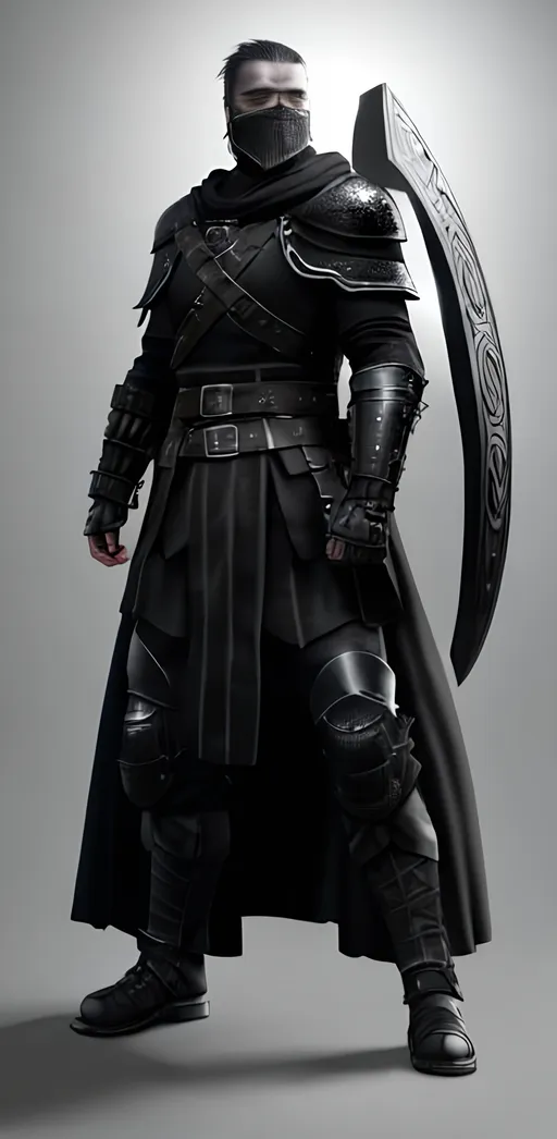 Prompt: Digital Art, a sinister viking man, black armor, black gear, a black helmet fully covering his face, black visor, with a black ponytail coming from the helmet, a long black cloak, black bracers, black pants, black boots, unreal engine 8k octane, 3d lightning