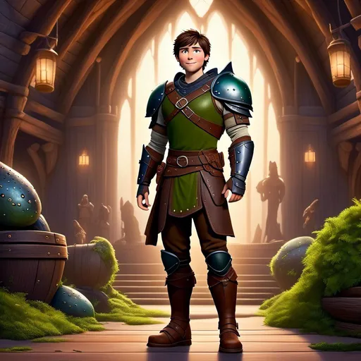 Prompt: <mymodel> viking man, lawyer, thin, small stature, standing in The Great Hall, medium length brown hair, brown eyes, no armor, European-like brown gear, brown leather vest, long sleeve green shirt underneath the brown leather vest, black highlights on his clothes, brown pants, brown boots, historical, strong and natural lighting