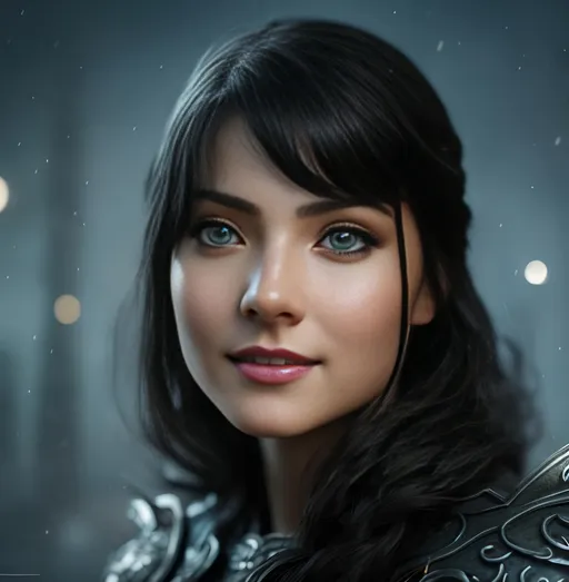 Prompt: she has black hair, create most beautiful fictional female viking warrior, hopeful smile, black hair, light blue eyes, extremely detailed environment, detailed background, intricate, detailed skin, professionally color graded, photorealism, 8k, moody lighting