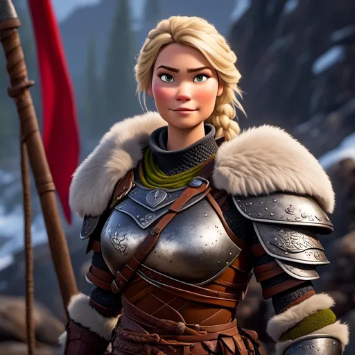 Prompt: digital CGI art of <mymodel>, 27-year-old modest Young woman viking, white gear, she has two iron frying pans to use as weapons, blonde hair, Quite well-built and lean muscled, green gold eyes, assassin's creed Valhalla armor, very short curly blonde hair