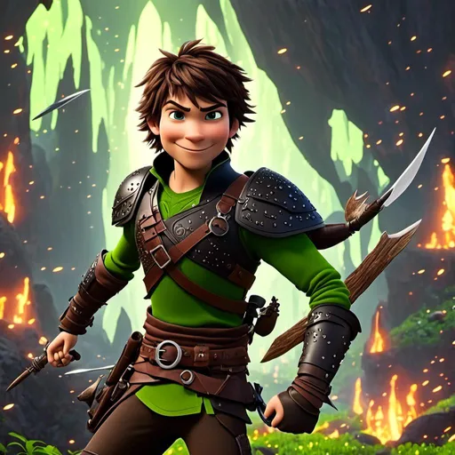 Prompt: <mymodel> CGI Animation, sinister viking boy, 18-year-old, chaotic evil, black short messy hair, no facial hair, neon green bandana, dark brown, dark brown long-sleeve shirt, pants, leather armor, two daggers, dozen throwing knives