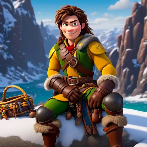 Prompt: <mymodel>CGI Animation, 20-year-old-old pirate man, sitting on a snow bank, a snowy scene, {{yellow gear, blue armor}}, brunette hair, dreadlocks, subtle smile, beads hair, small red earrings, multiple braids, yellow gear, straight hair, green eyes, bracelets, rings on fingers, mercenary gear, unreal engine 8k octane, 3d lighting, close up camera shot on the face, full armor