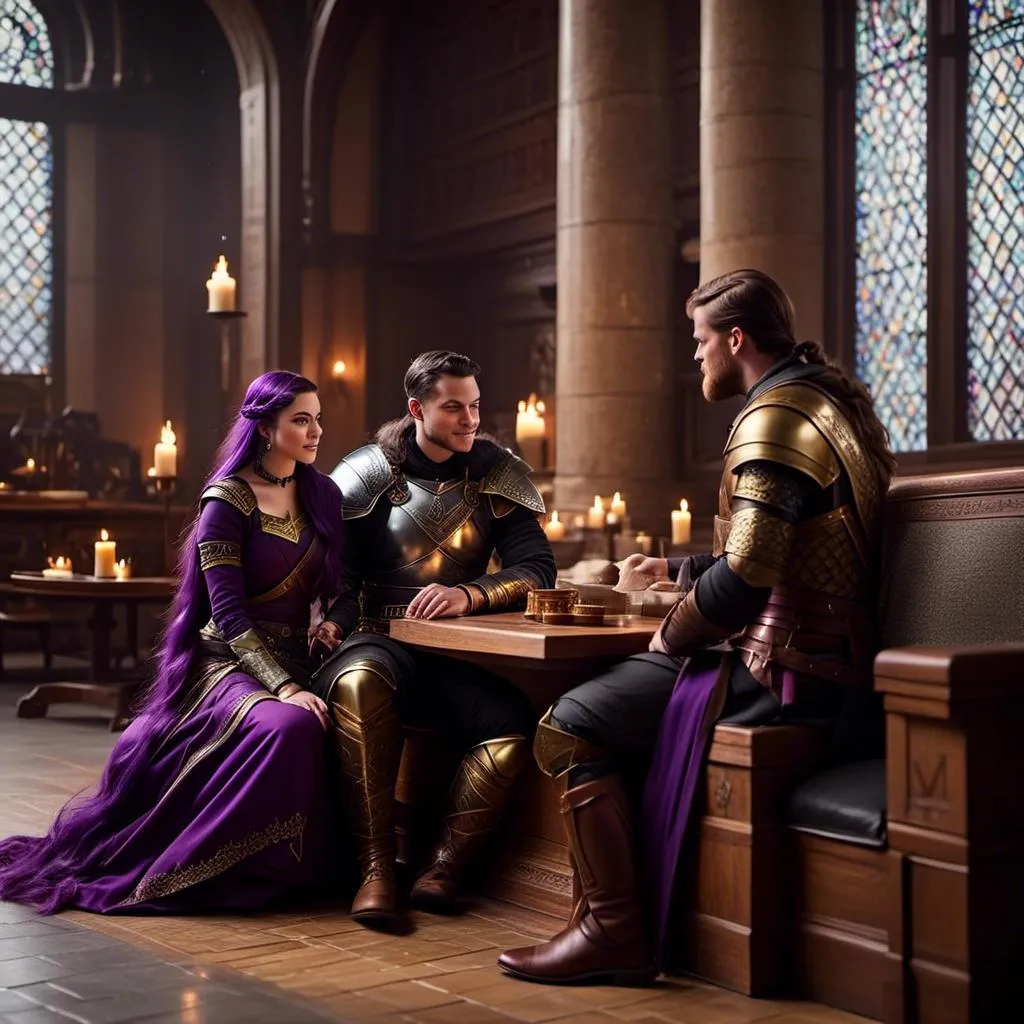 Prompt: Photo of a young <mymodel> sitting at the in The Great Hall discussing politics with her husband a young Jarl Mollerson, he has short brown hair and no beard