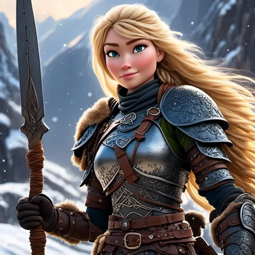 Prompt: <mymodel>animated CGI style, blonde hair, viking female warrior, detailed braided hair and battle scars, rugged and weathered armor, intense and determined gaze, snowy and rugged landscape, fierce, warrior, detailed hair, battle scars, snowy landscape, intense gaze, weathered armor, dramatic lighting