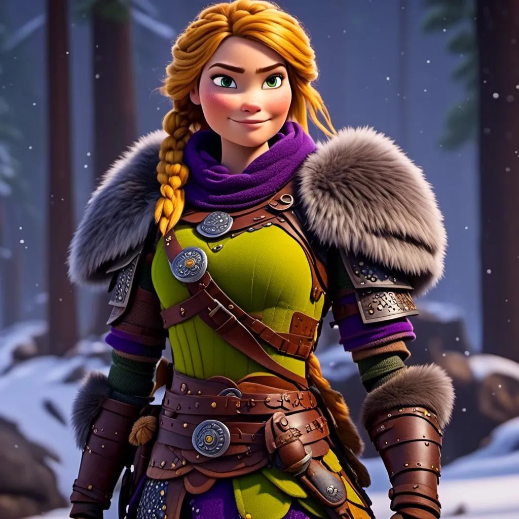 Prompt: <mymodel>CGi Animation, 25-year-old viking woman warrior with yellow eyes, a snowy scene, the viking woman has a subtle smile, hazel color hair, she has green gear, purple armor with bursts of gold textured splotches, black pants, black boots