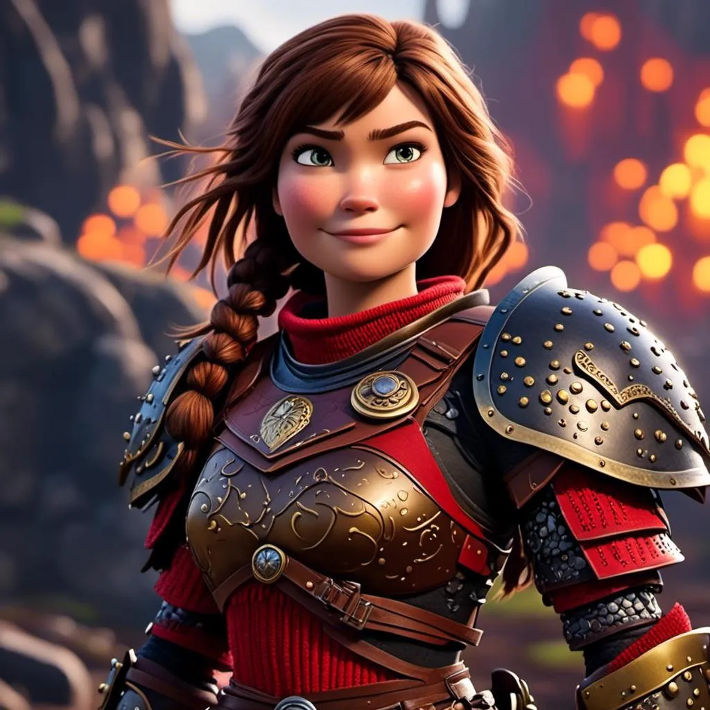 Prompt: <mymodel>CGI Animation of a viking female, brown hair in her face, hazel eyes, bright red gear and armor, yellow highlights and textures, full body armor, she has heavy gauntlets on her hands with armored gloves, standing in a viking village, intricate details, high quality, digital painting, cool tones, dramatic lighting