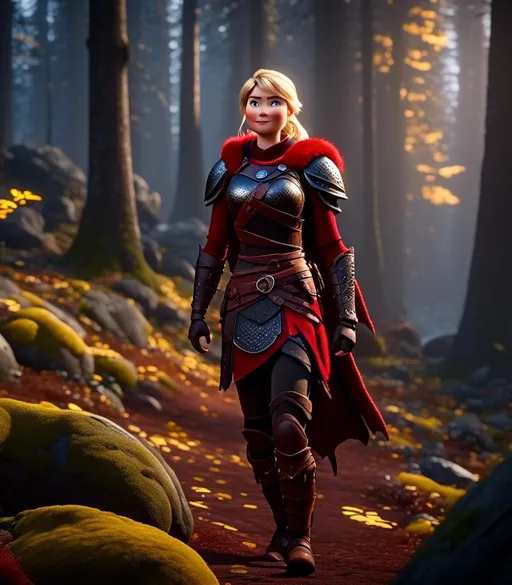 Prompt: <mymodel>CGI Animation, digital art, 20-year-old-old viking woman with light blue eyes standing in a dimly lit forest, blue assassin's creed clothes, red colored armor, blonde straight hair, subtle smile, unreal engine 8k octane, 3d lighting, cinematic lighting, camera shot of full armor from head to toe