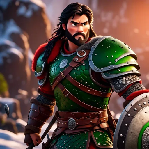 Prompt: <mymodel>Animated CGI style of a fierce Viking male about 25 years old, black hair, detailed facial features, leather armor {{((red))}} and green armor, battle axe and shield, intense and determined expression, dynamic and powerful pose, high definition, CGI, detailed armor, fierce female, Nordic designs, battle-ready, dynamic pose, professional lighting