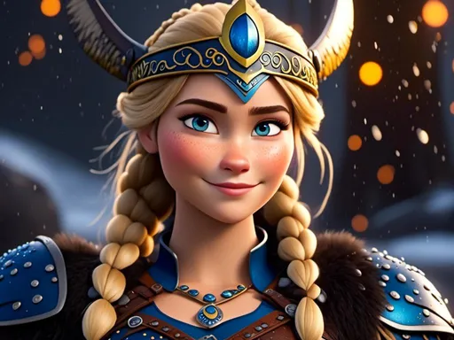 Prompt: <mymodel>CGi Animation, 20-year-old viking woman with blue eyes, ((she is wearing a royal tiara)), a rainy scene, the viking woman has a subtle smile with it pouring down rain, blonde hair in a ponytail style, she has blue gear, gold armor, black pants, black boots