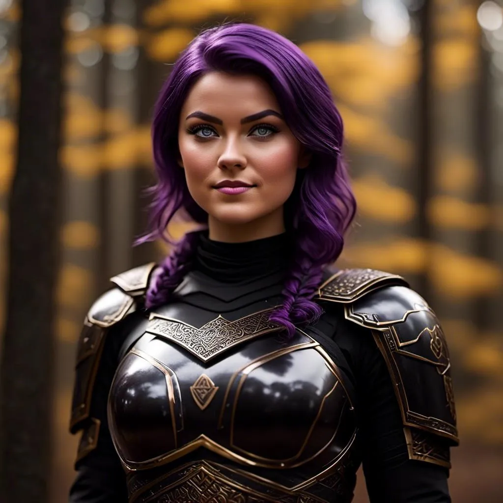 Prompt: <mymodel>25-year-old viking woman, subtle smile, light blue eyes, black gear, bright black armor, wearing an iron-man like suit of armor, black textures and highlights, standing in the forest, short focus, blurry background, unreal engine 8k octane, 3d lighting, full body, full armor