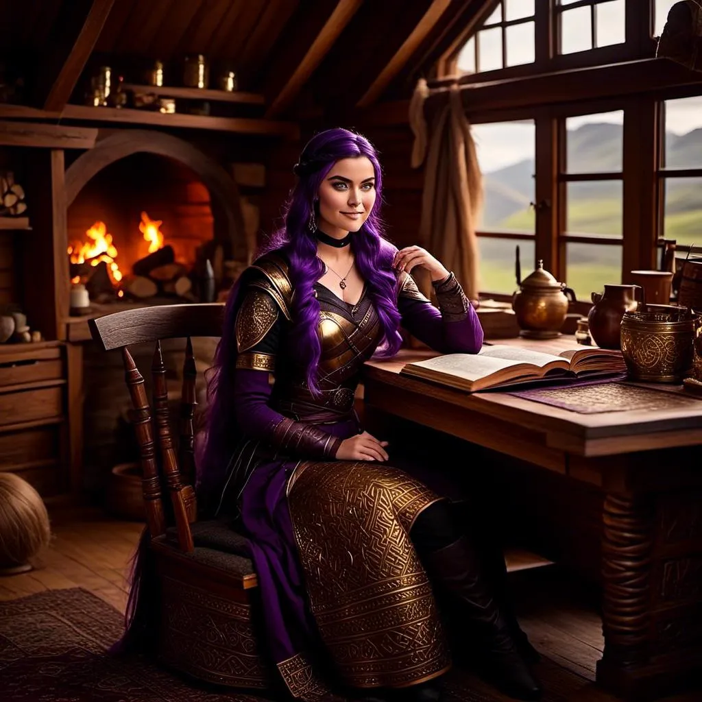 Prompt: Photo of <mymodel> casually relaxing sitting at a desk in her viking house, she has light blue eyes