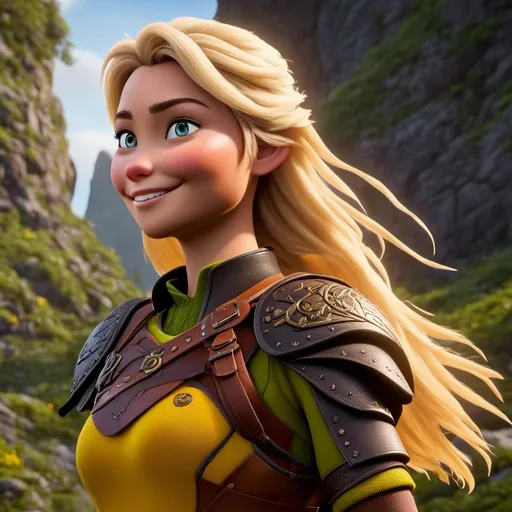 Prompt: <mymodel>CGi Animation, 20-year-old viking woman with one hair braid, subtle smile, blonde hair, blue eyes, green gear, green armor, yellow clothes, yellow textures and highlights, unreal engine 8k octane, 3d lighting, full body, full armor