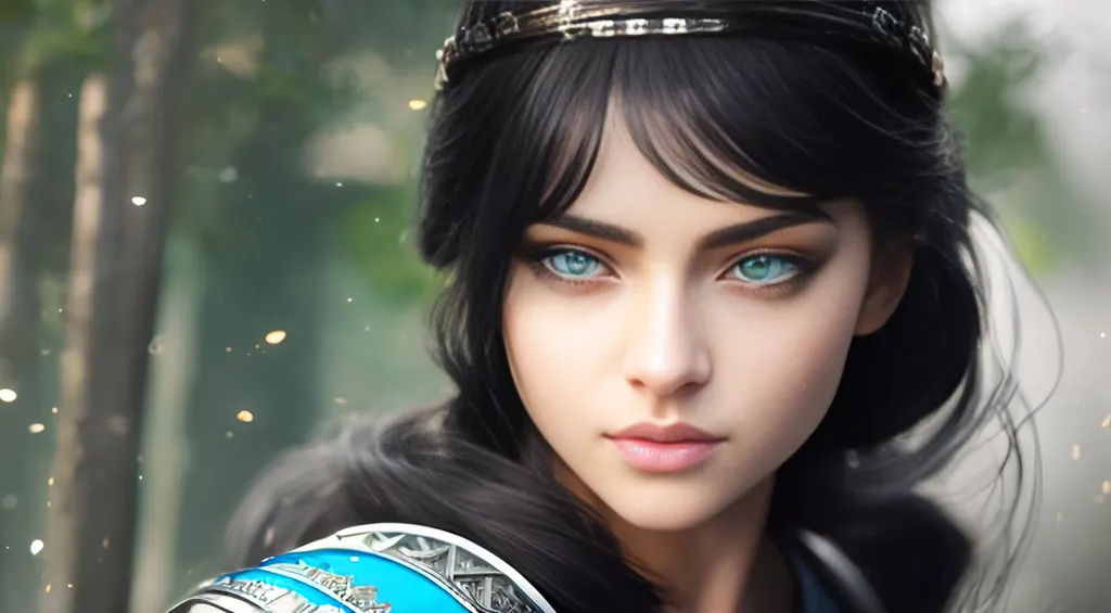 Prompt: she has black hair, create most beautiful fictional female viking princess warrior, black hair, light blue eyes, extremely detailed environment, detailed background, intricate, detailed skin, professionally color graded, photorealism, 8k, moody lighting