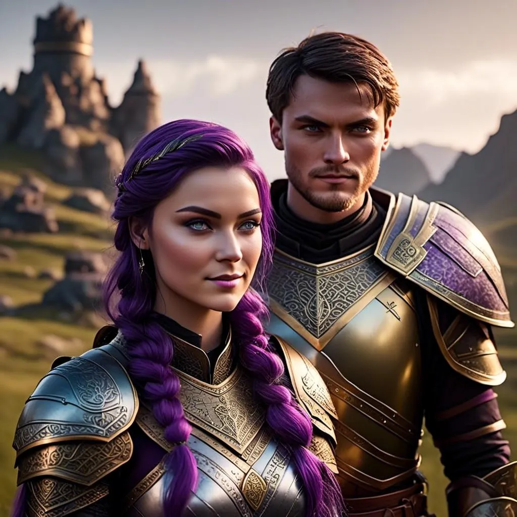 Prompt: Photo of <mymodel> standing next to her young husband Jarl Mollerson who has green gear and silver armor and ((short brown hair)), she is slightly shorter than him, Jarl Mollerson has a young looking face like hiccup