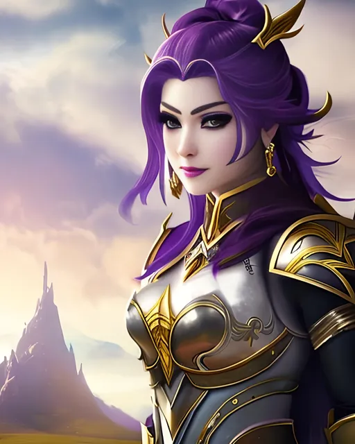 Prompt: she has a scar over her right eye, gold armor over her chest, purple lips, smiling, create a female viking warrior, the female has dark purple hair, her gear is black and silver, black pants, her eyes are light blue, she is in a grassy field