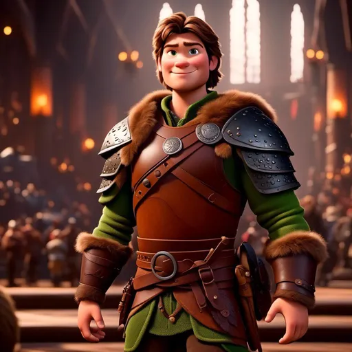 Prompt: <mymodel> viking man, lawyer, thin, small stature, standing in The Great Hall, medium length brown hair, sly smile, brown eyes, no armor, European-like brown gear, brown leather vest, long sleeve green shirt underneath the brown leather vest, black highlights on his clothes, brown pants, brown boots, historical, strong and natural lighting