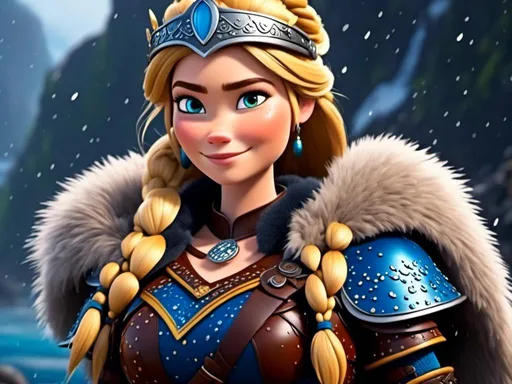 Prompt: <mymodel>CGi Animation, 20-year-old viking woman with blue eyes, ((she is wearing a royal tiara)), a rainy scene, the viking woman has a subtle smile with it pouring down rain, blonde hair in a ponytail style, she has blue gear, gold armor, black pants, black boots