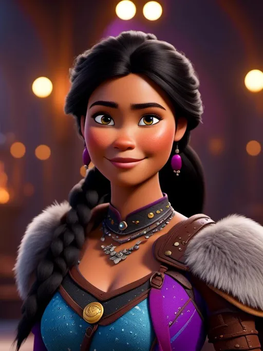 Prompt: <mymodel>CGI Animation, digital art, 20-year-old-old viking woman of royalty standing in The Great Hall on the Isle of Berk, light blue eyes, {{black gear, purple armor}}, black hair, single braid down her shoulder with a tiara, subtle smile, unreal engine 8k octane, 3d lighting, close up camera shot on the face, full armor