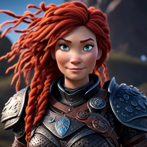 Prompt: <mymodel>CGI Animation of a viking woman of 40 years old, red hair with braids and dreadlocks, blue eyes, all black gear and armor, leather highlights and textures, dragon scale textures and armor, intricate details, high quality, digital painting, cool tones, dramatic lighting