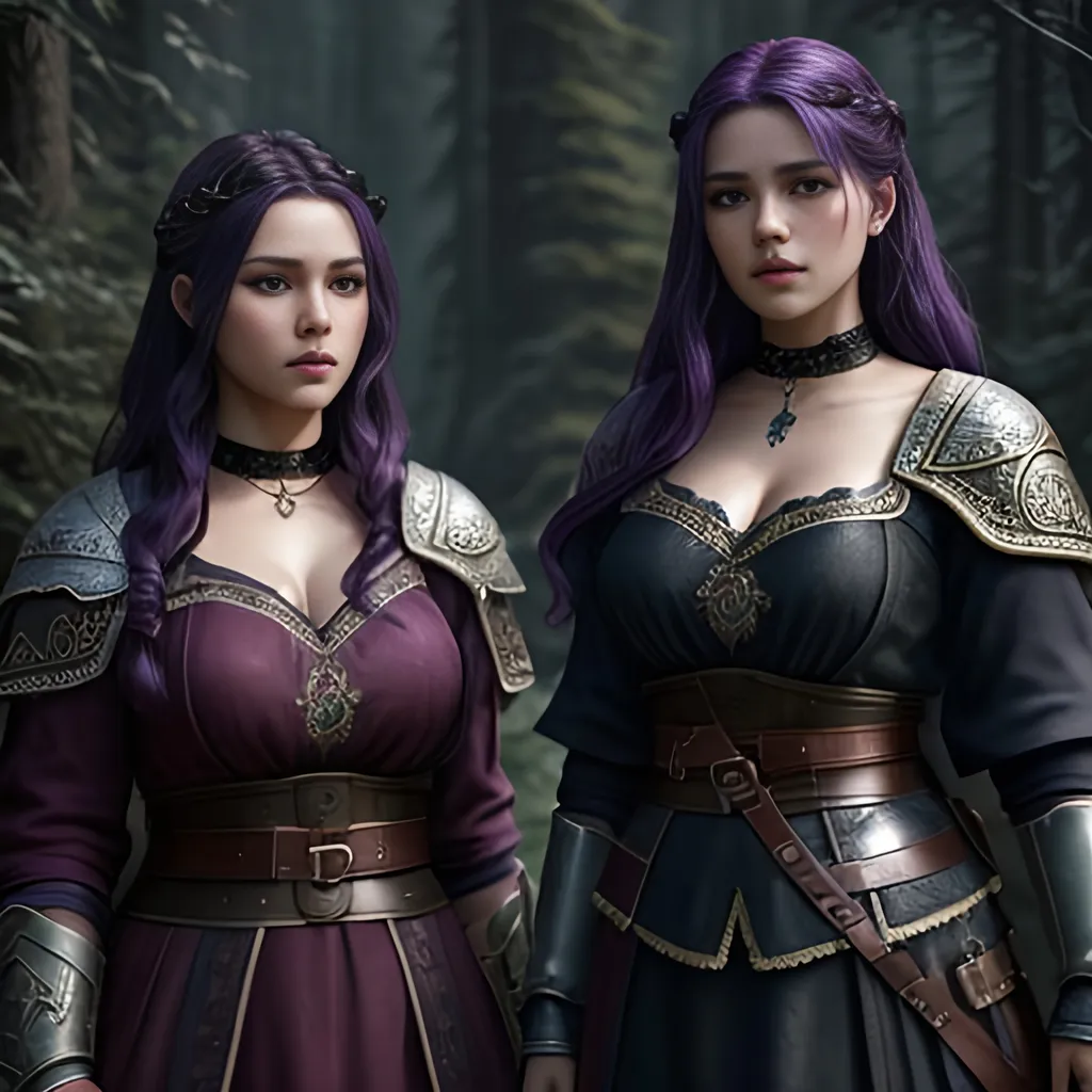 Prompt: create 2 of the most beautiful fictional female viking princesses one with dark purple hair and the other with black hair, an extremely detailed environment, detailed background, intricate, detailed skin, professionally color graded, photorealism, 8k, moody lighting