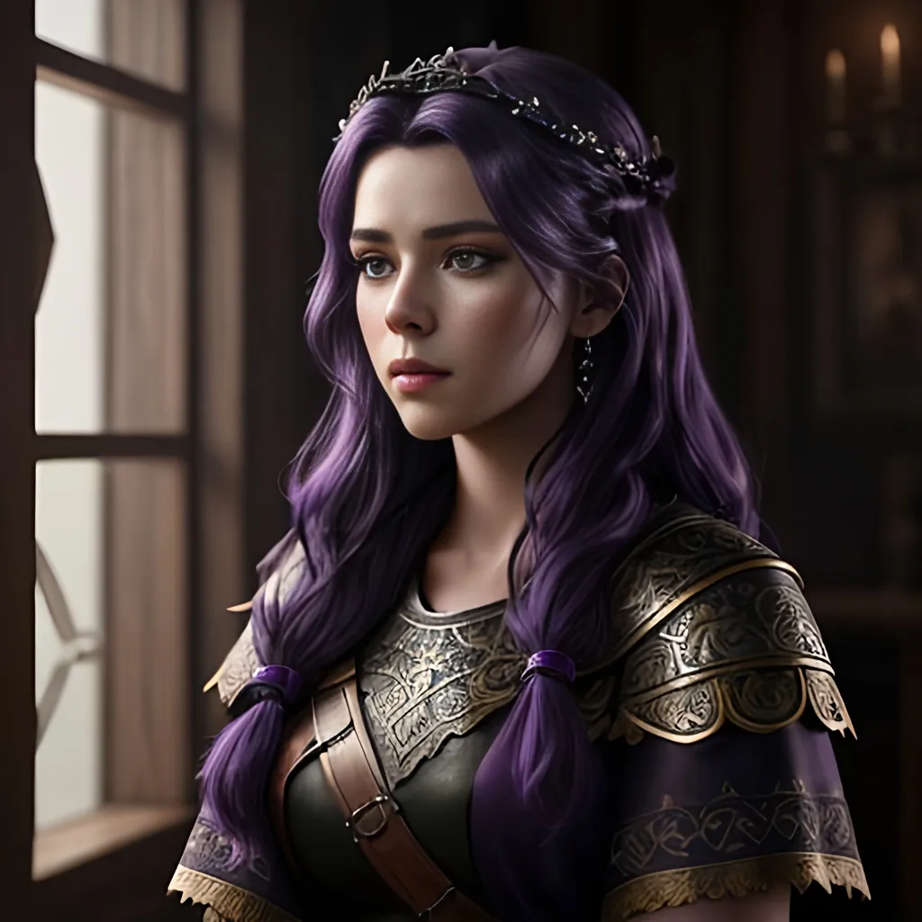 Prompt: create most beautiful fictional female viking princess with dark purple hair, another beautiful fictional female but with black hair, extremely detailed environment, detailed background, intricate, detailed skin, professionally color graded, photorealism, 8k, moody lighting