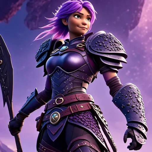 Prompt: <mymodel>CGI Animation of a viking female, purple hair in a single braid, purple and black gear and armor, intricate details, high quality, digital painting, cool tones, dramatic lighting