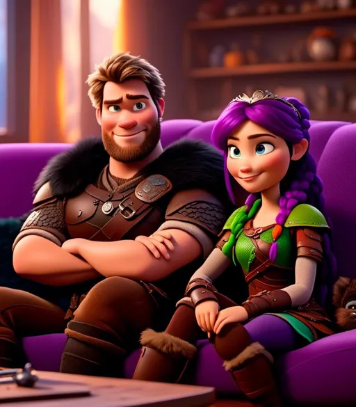 Prompt: <mymodel>CGI Animation, digital art, 20-year-old-old viking woman with light blue eyes, sitting on the couch in the living room next to her husband with brown hair and green gear, purple hair with purple strands, single braid down her shoulder with a tiara, subtle smile, unreal engine 8k octane, 3d lighting, close up camera shot on the face, full armor