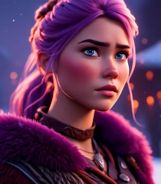 Prompt: <mymodel>CGI Animation, digital art, 20-year-old-old viking woman with light blue eyes, she looks very sad and angry, standing in a battle arena at night in the snow, purple hair with purple strands, single braid down her shoulder with a tiara, unreal engine 8k octane, 3d lighting, close up camera shot on the face, full armor