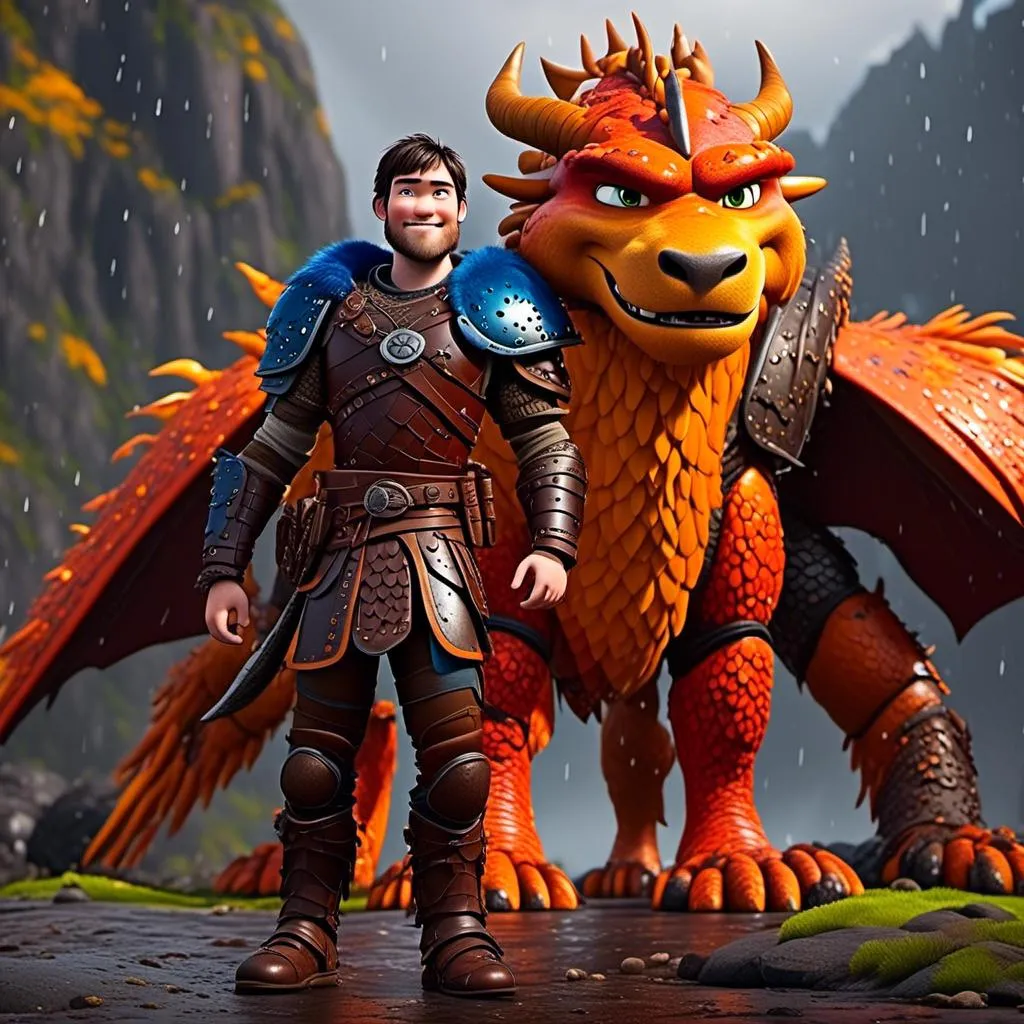 Prompt: <mymodel>CGi Animation, 20-year-old viking man with blue eyes, a rainy scene, the viking man has a subtle smile, black hair, he has orange gear, yellow armor with bursts of red splotches, black pants, black boots, he is standing next to a bright orange dragon with gold highlights, they are both in the rain