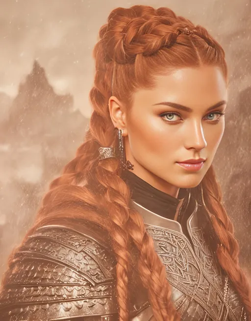 Prompt: she has braided cornrow hair, create most beautiful fictional female viking warrior, red hair, black rogue gear, extremely detailed environment, detailed background, intricate, detailed skin, professionally color graded, photorealism, 16k, moody lighting