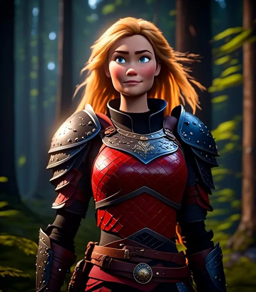 Prompt: <mymodel>CGI Animation, digital art, 20-year-old-old viking woman with light blue eyes standing in a dimly lit forest, blue clothes, red colored armor, blonde straight hair, subtle smile, unreal engine 8k octane, 3d lighting, cinematic lighting, camera shot of full armor from head to toe