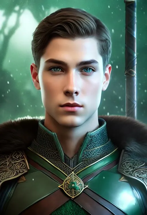 Prompt: he has short brown hair, create most handsome fictional male prince viking warrior, short brown hair, light green eyes, extremely detailed environment, detailed background, intricate, detailed skin, professionally color graded, photorealism, 16k, moody lighting