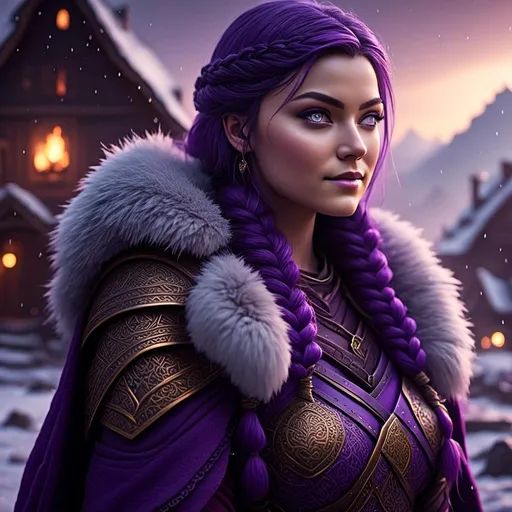 Prompt: Photo of <mymodel> she has a single braid down her shoulder with a heavy purple fur coat wearing a hood with a purple fur edge, she is in a viking village standing as snow falls